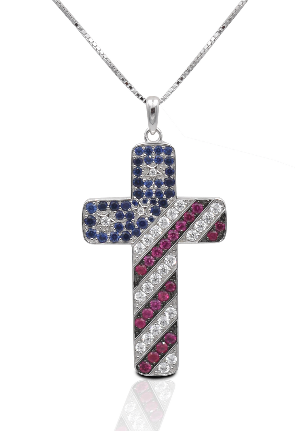American Flag Cross Pendant Necklace in Sterling Silver & CZ Stones