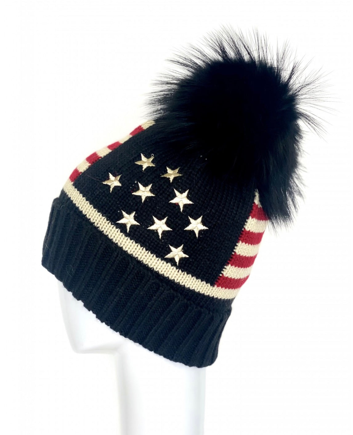 Linda Richards American Flag Knit Hat with Fox Fur Pom