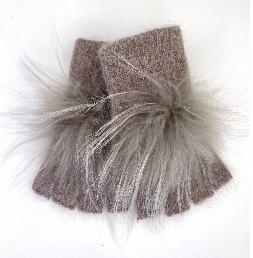 Linda Richards Angora Wool Fingerless Gloves with Fur Pom