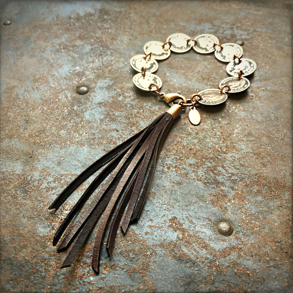 Indian Head Penny Bracelet with Deerskin Tassel – SALE!