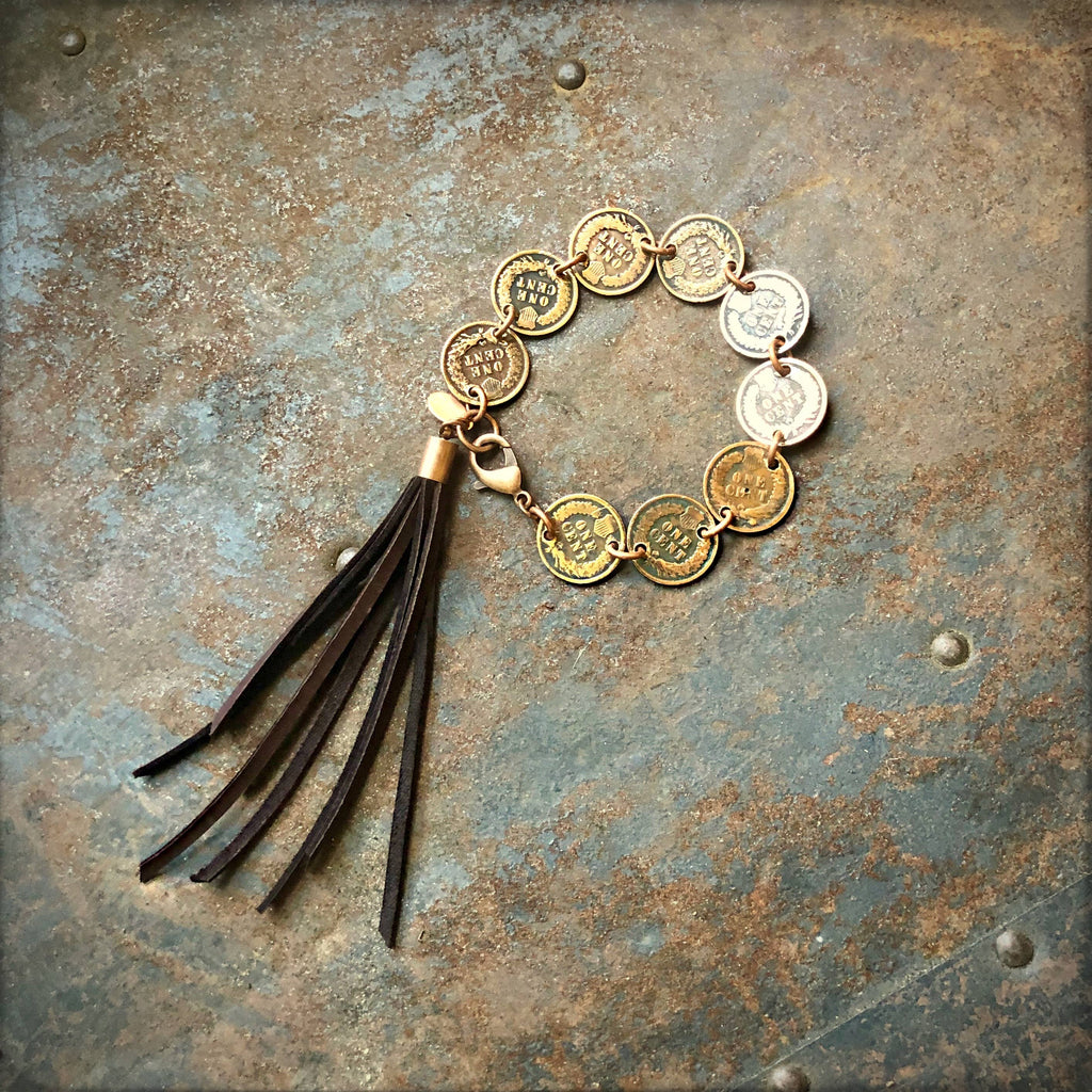 Indian Head Penny Bracelet with Deerskin Tassel – SALE!