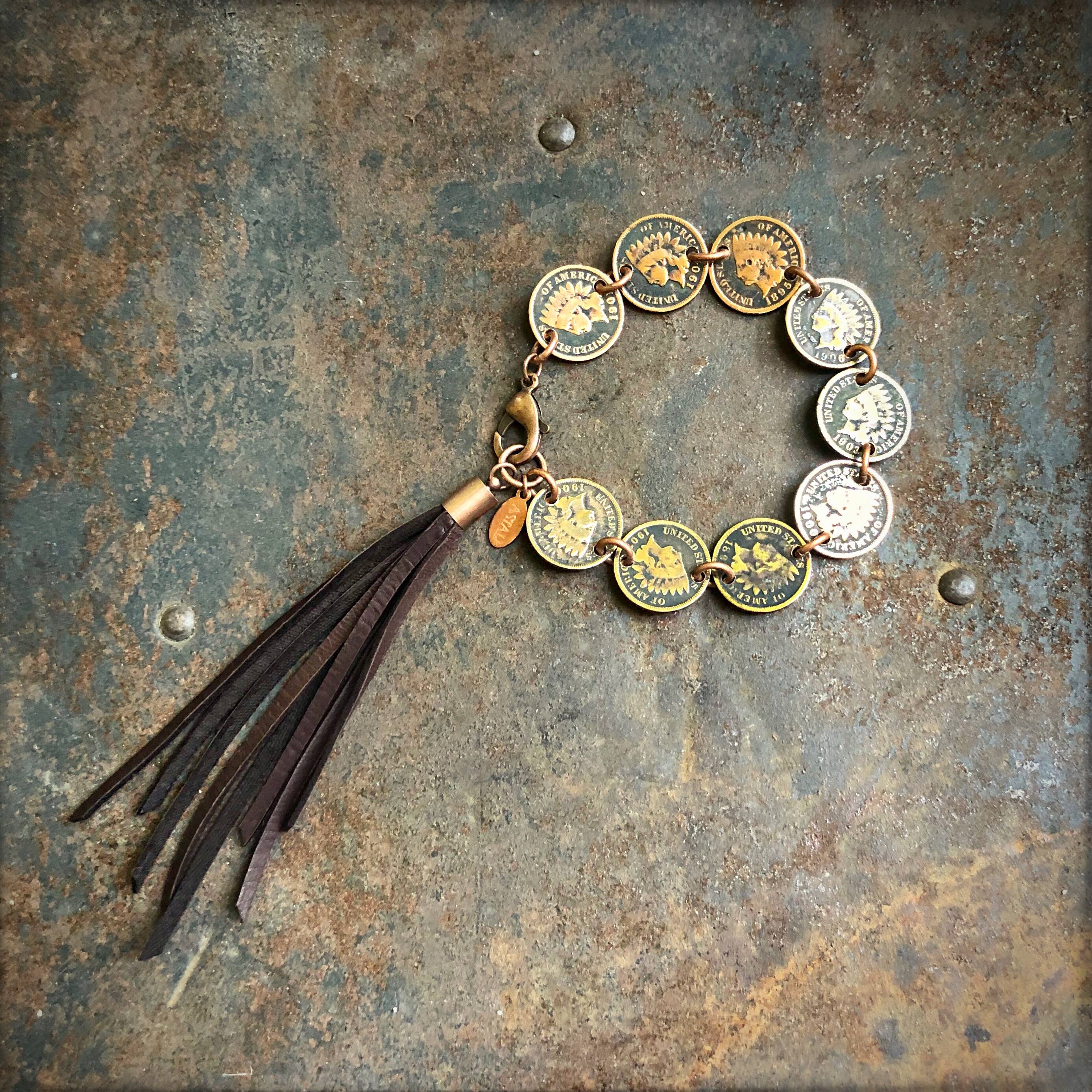 Indian Head Penny Bracelet with Deerskin Tassel – SALE!