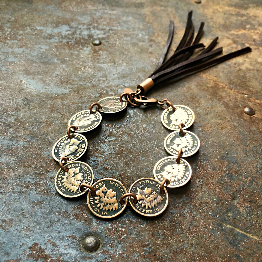 Indian Head Penny Bracelet with Deerskin Tassel – SALE!