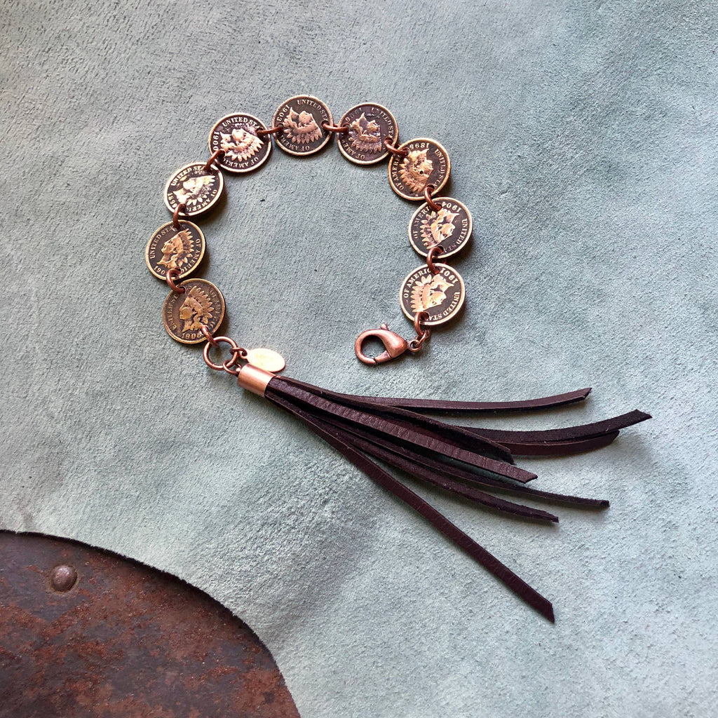 Indian Head Penny Bracelet with Deerskin Tassel – SALE!