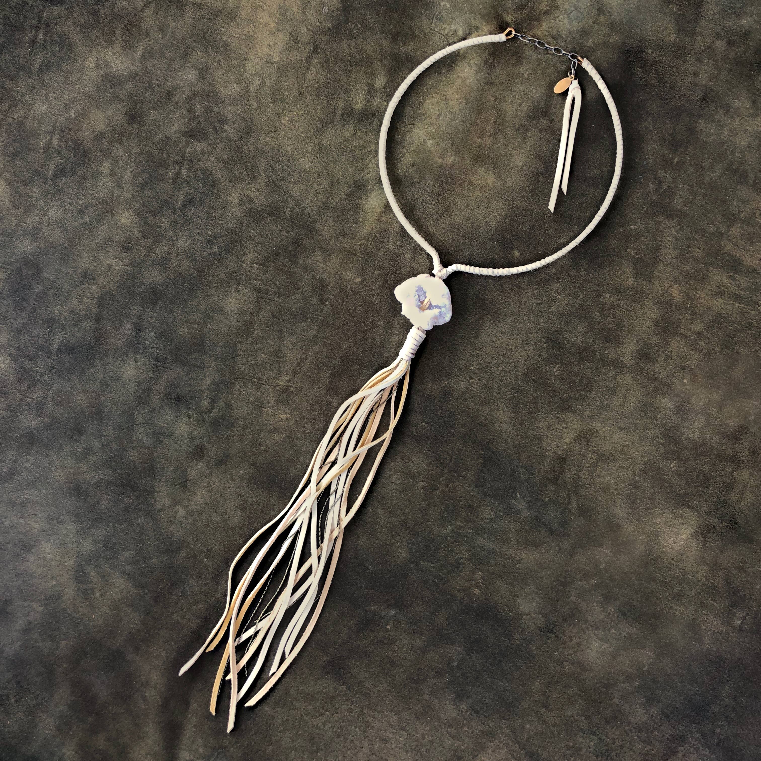 Collar Necklace with Cream Deerskin Tassel & Druzy Stone – SALE!