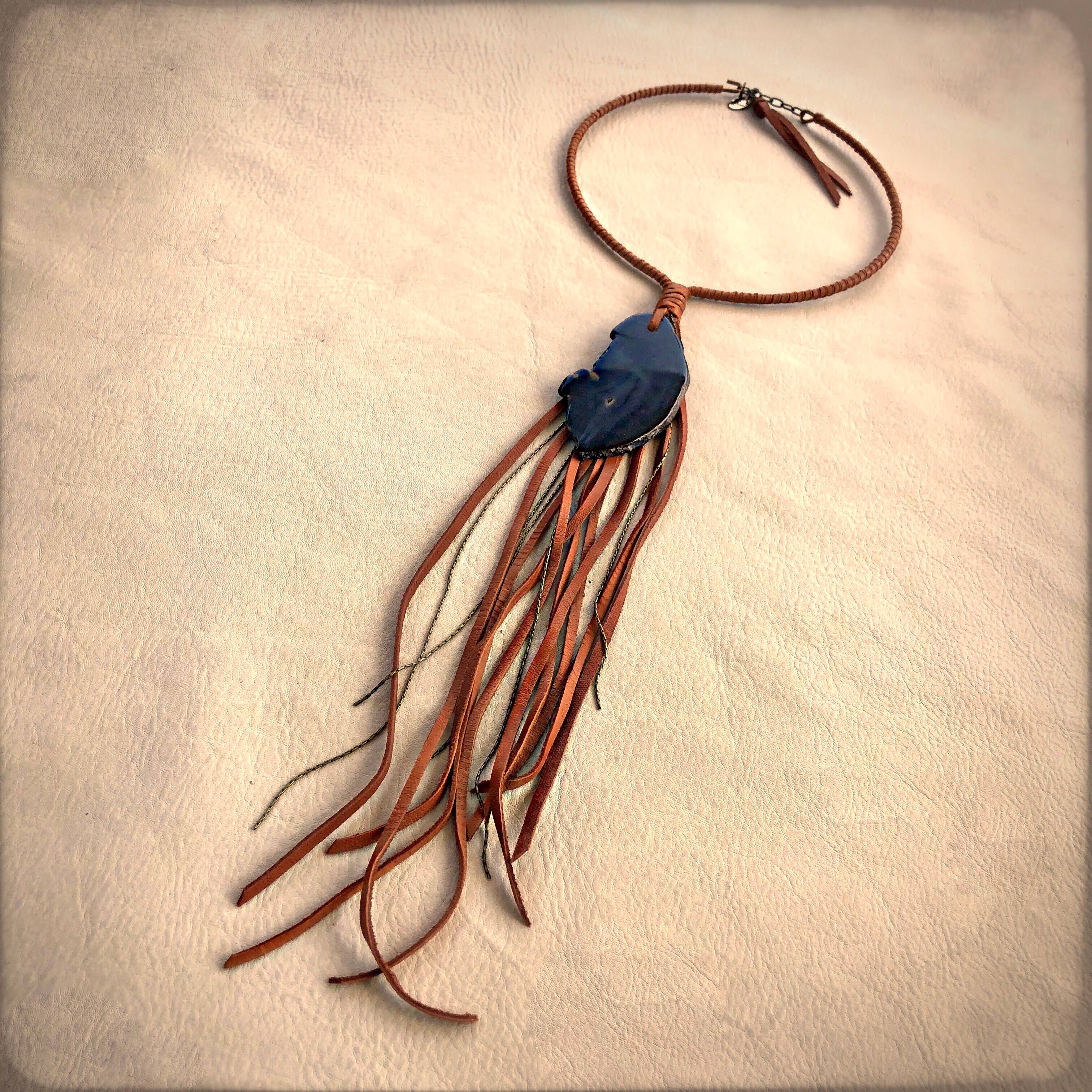 Collar Necklace with Rust Deerskin Tassel & Black Agate Stone - SALE!