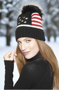 Linda Richards American Flag Knit Hat with Fox Fur Pom