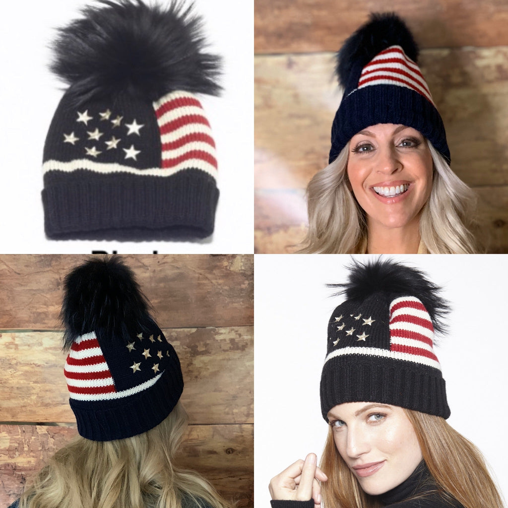 Linda Richards American Flag Knit Hat with Fox Fur Pom
