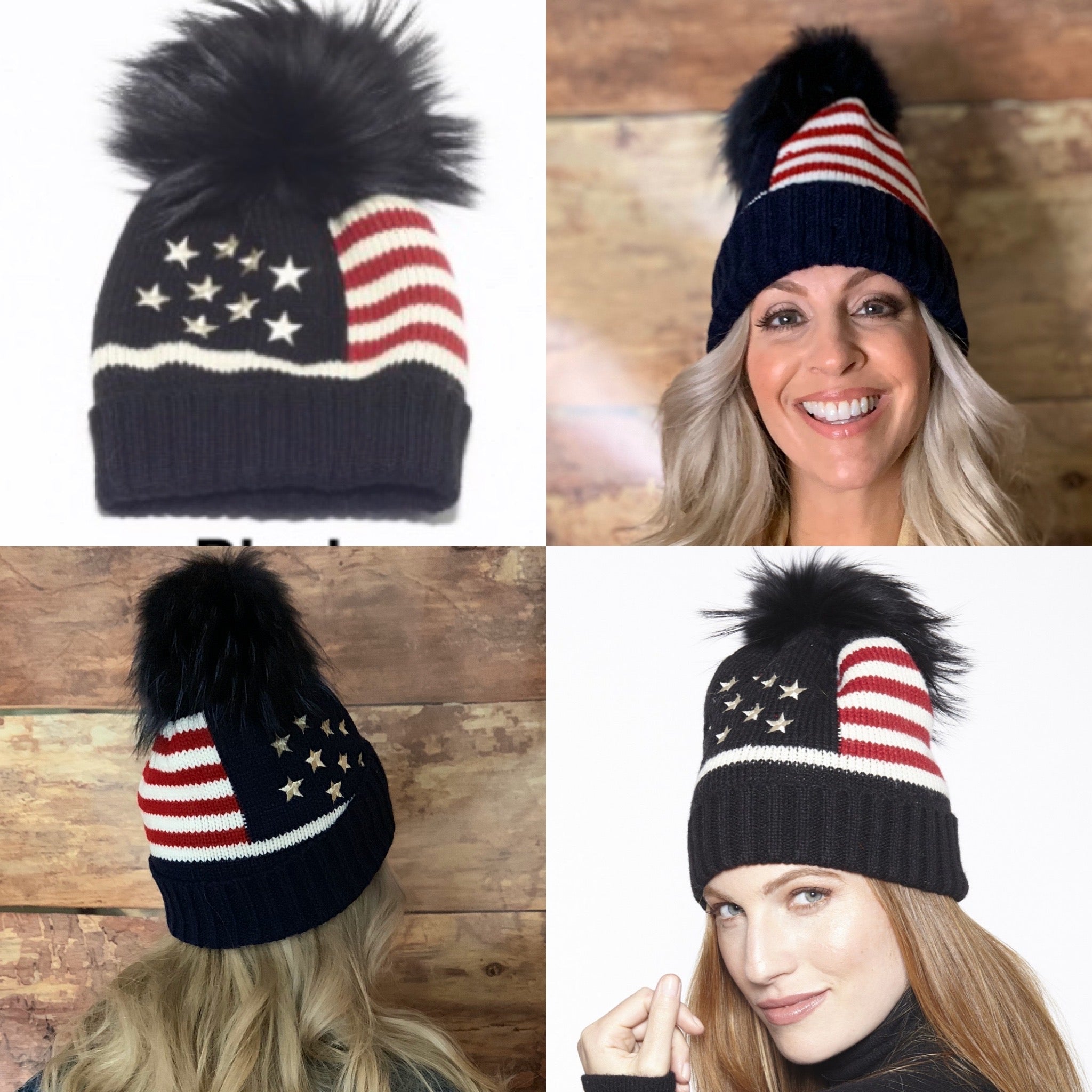 Linda Richards American Flag Knit Hat with Fox Fur Pom