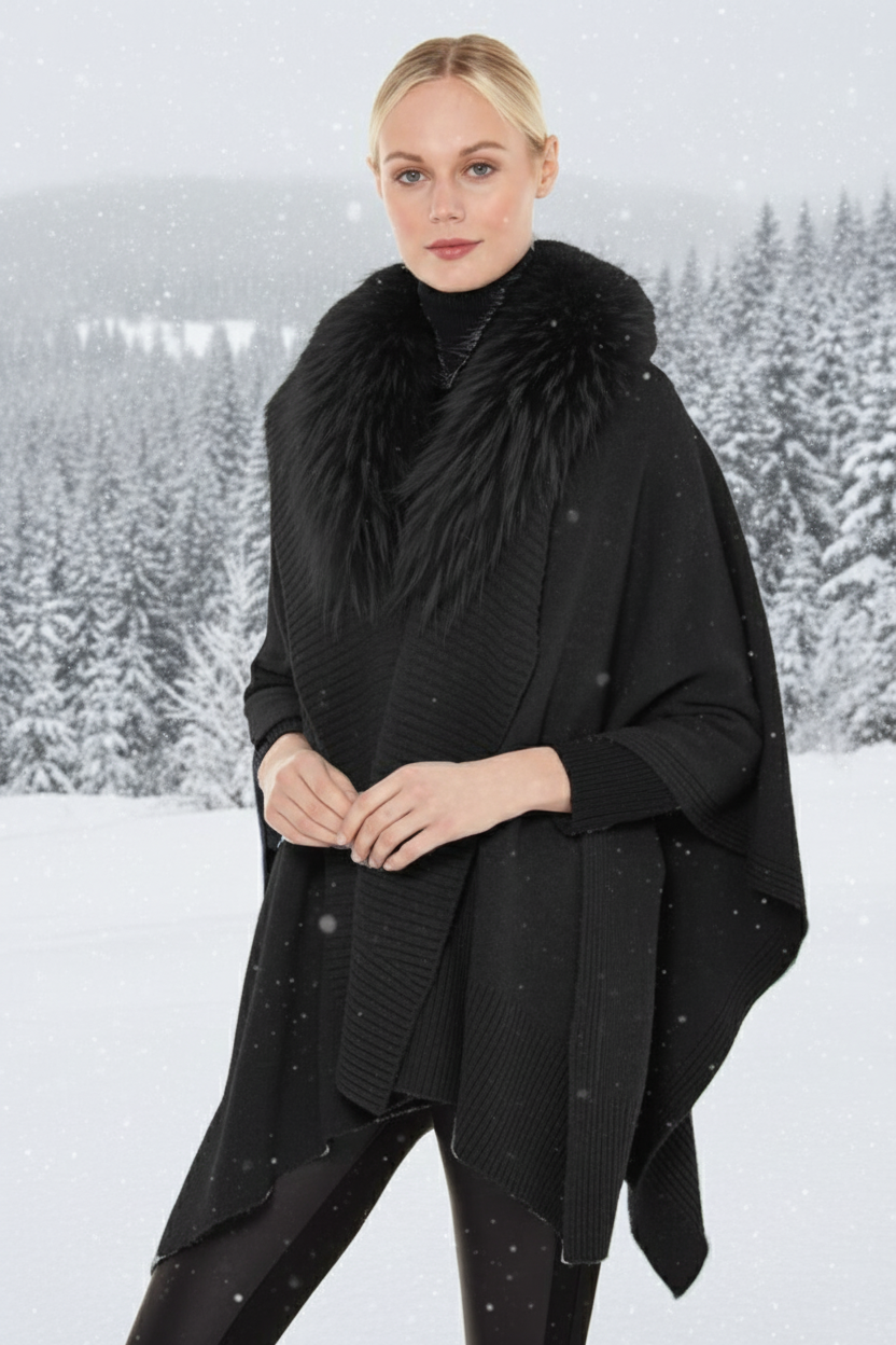 Linda Richards Fox Fur-Trimmed Cashmere Blend Shawl