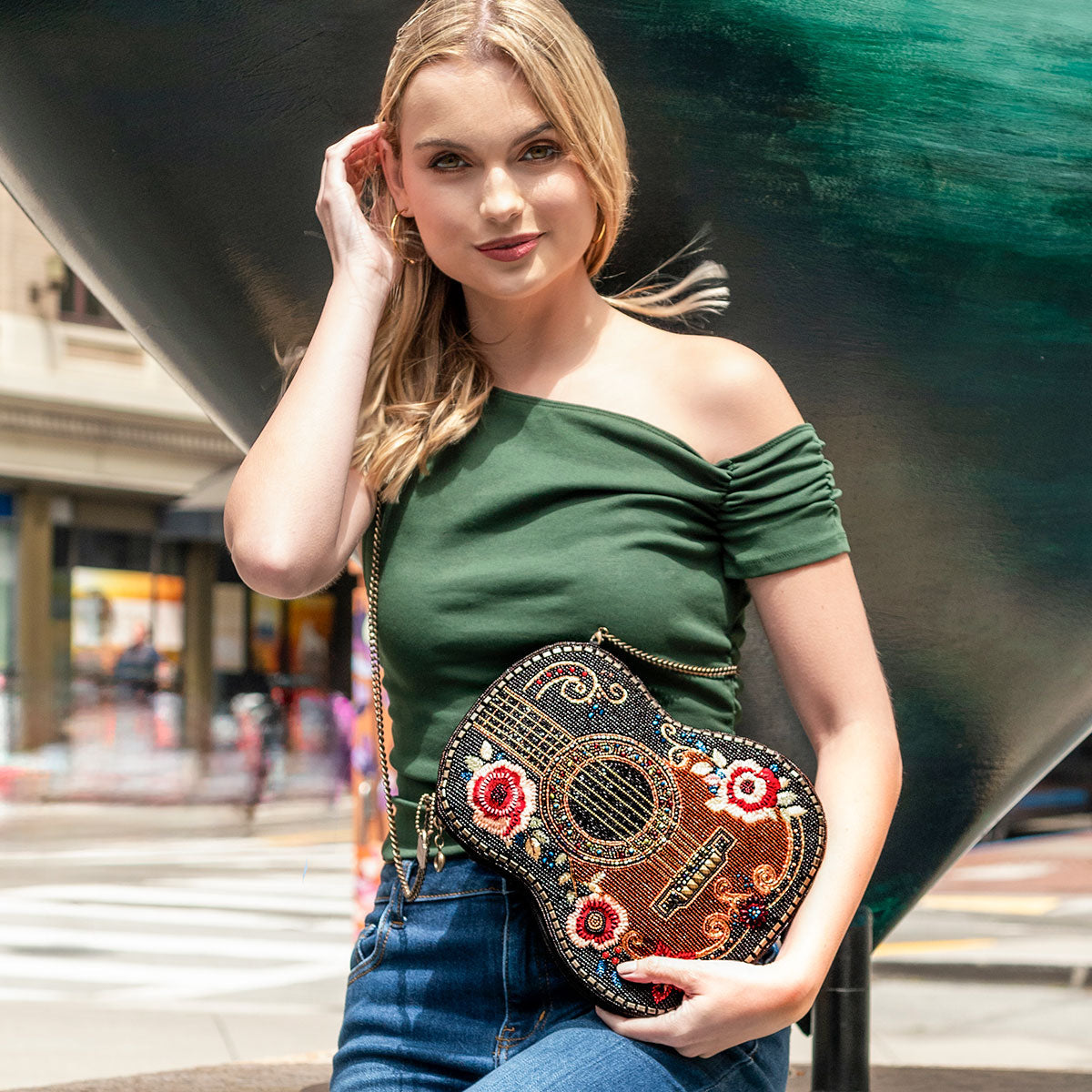 Beaded Guitar Handbag – Floral Acoustic Guitar Crossbody Statement Bag