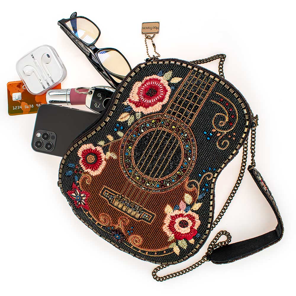 Beaded Guitar Handbag – Floral Acoustic Guitar Crossbody Statement Bag
