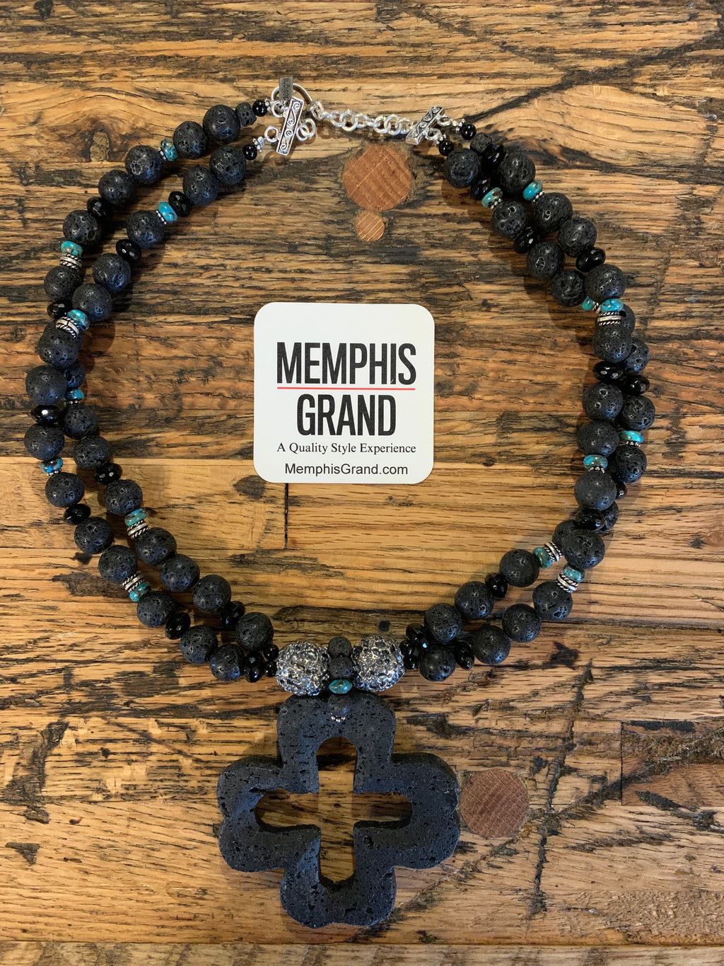 Lava Cross Pendant Necklace with Two Strands of Lava Beads