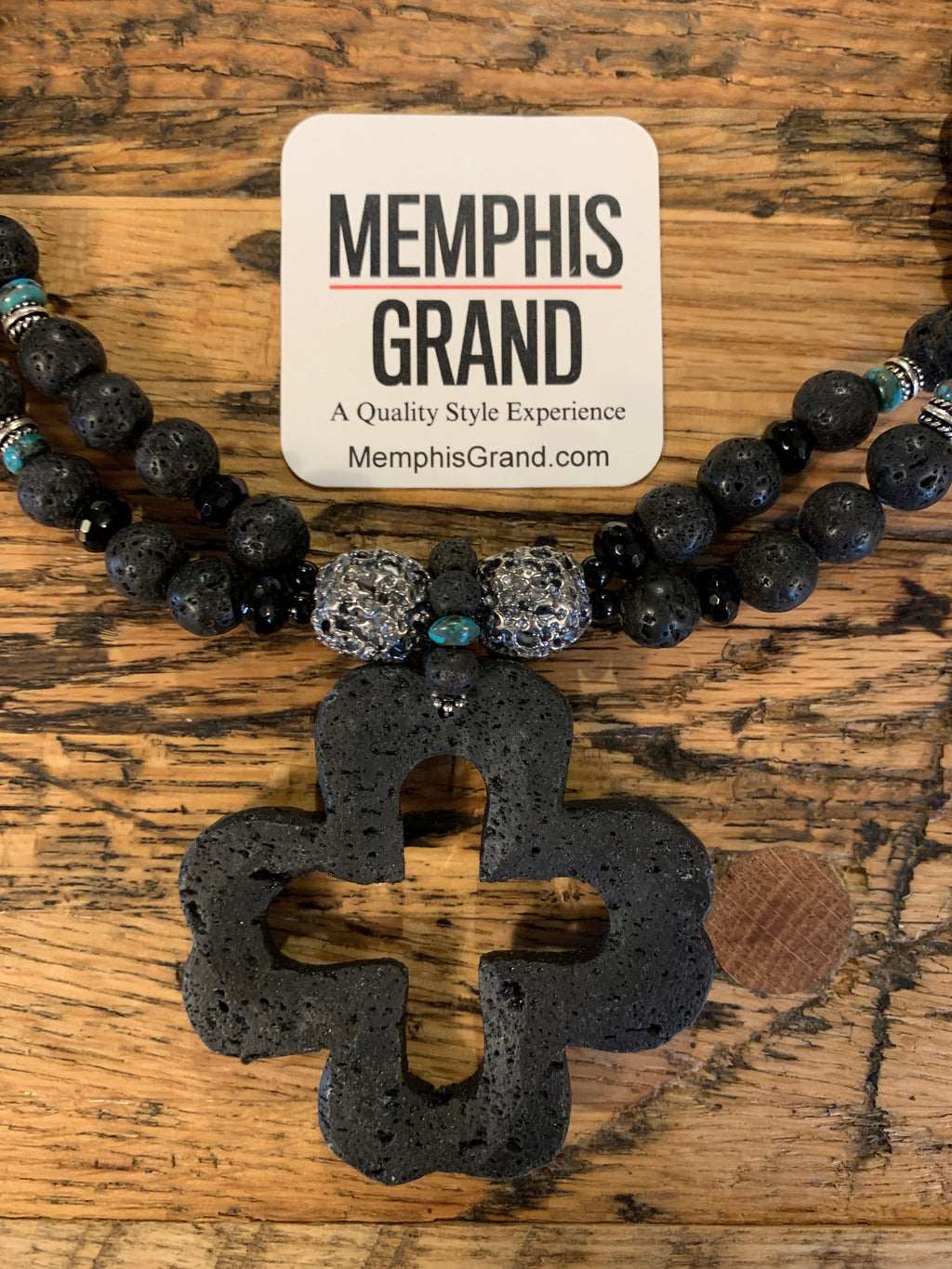 Lava Cross Pendant Necklace with Two Strands of Lava Beads