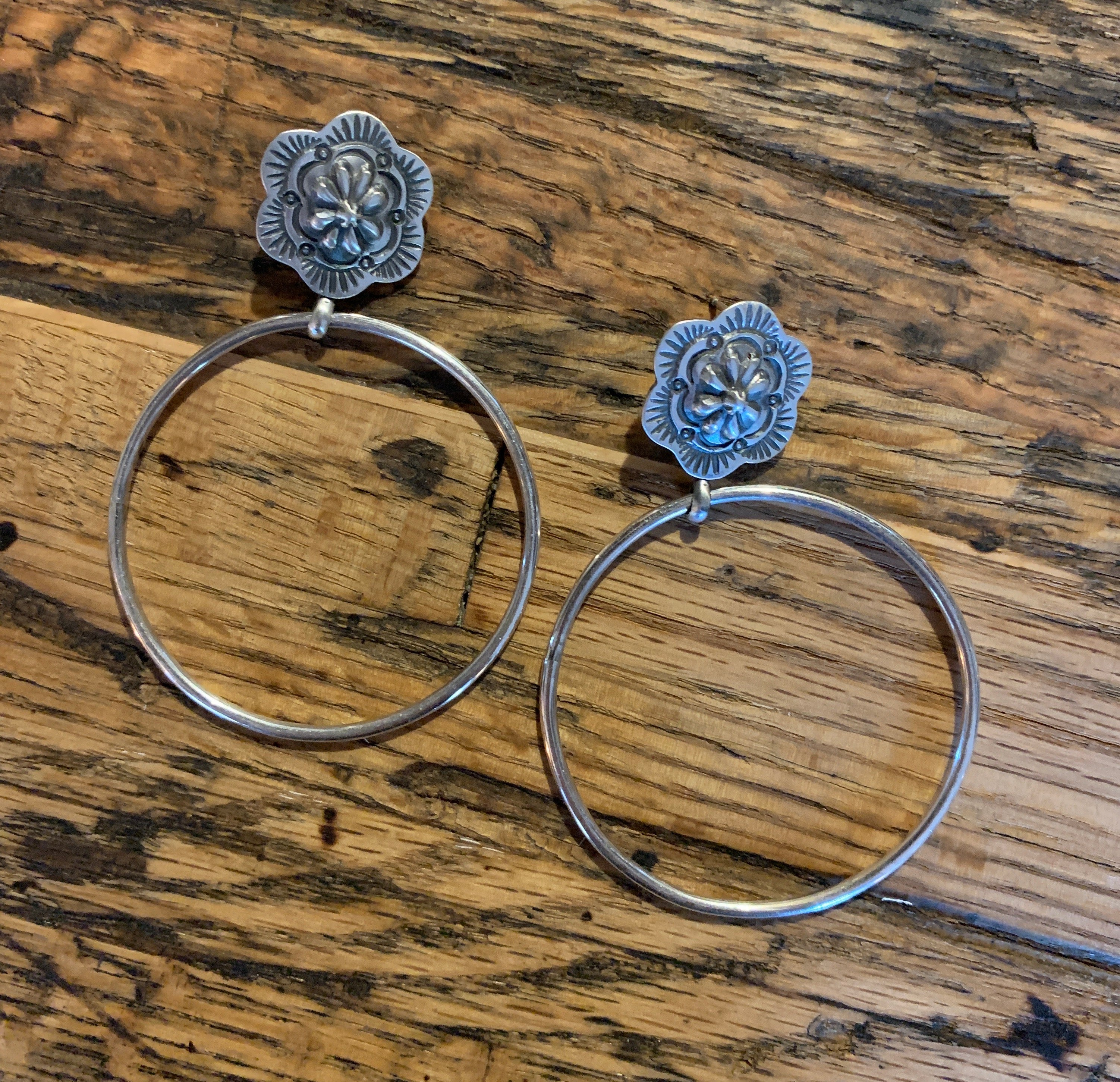 Large Sterling Silver Hoop Earrings with Floral Post – SALE!