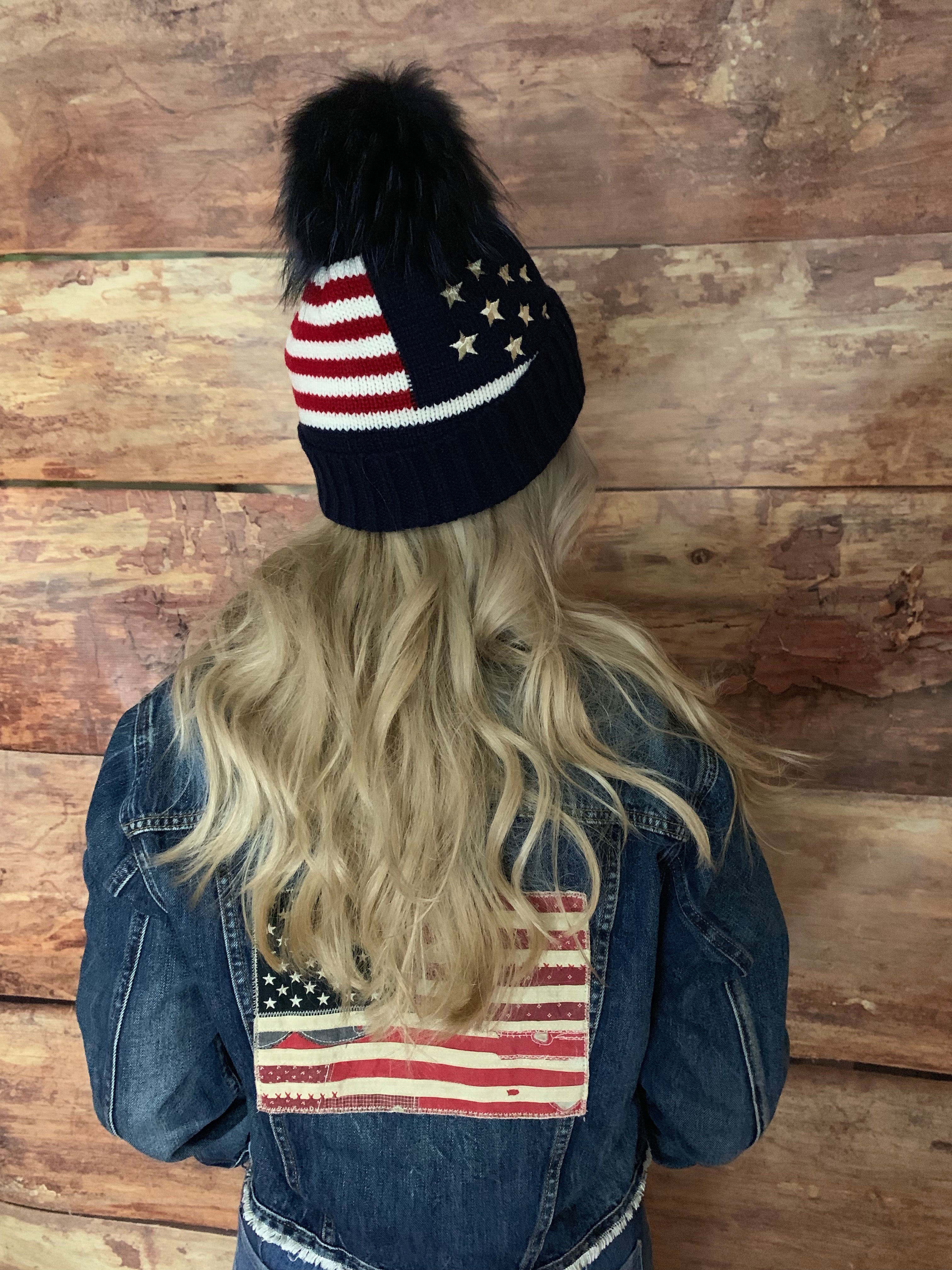 Linda Richards American Flag Knit Hat with Fox Fur Pom