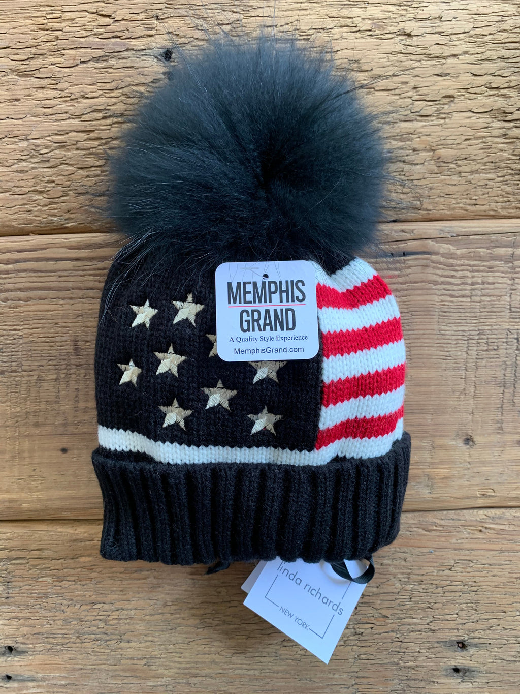 Linda Richards American Flag Knit Hat with Fox Fur Pom