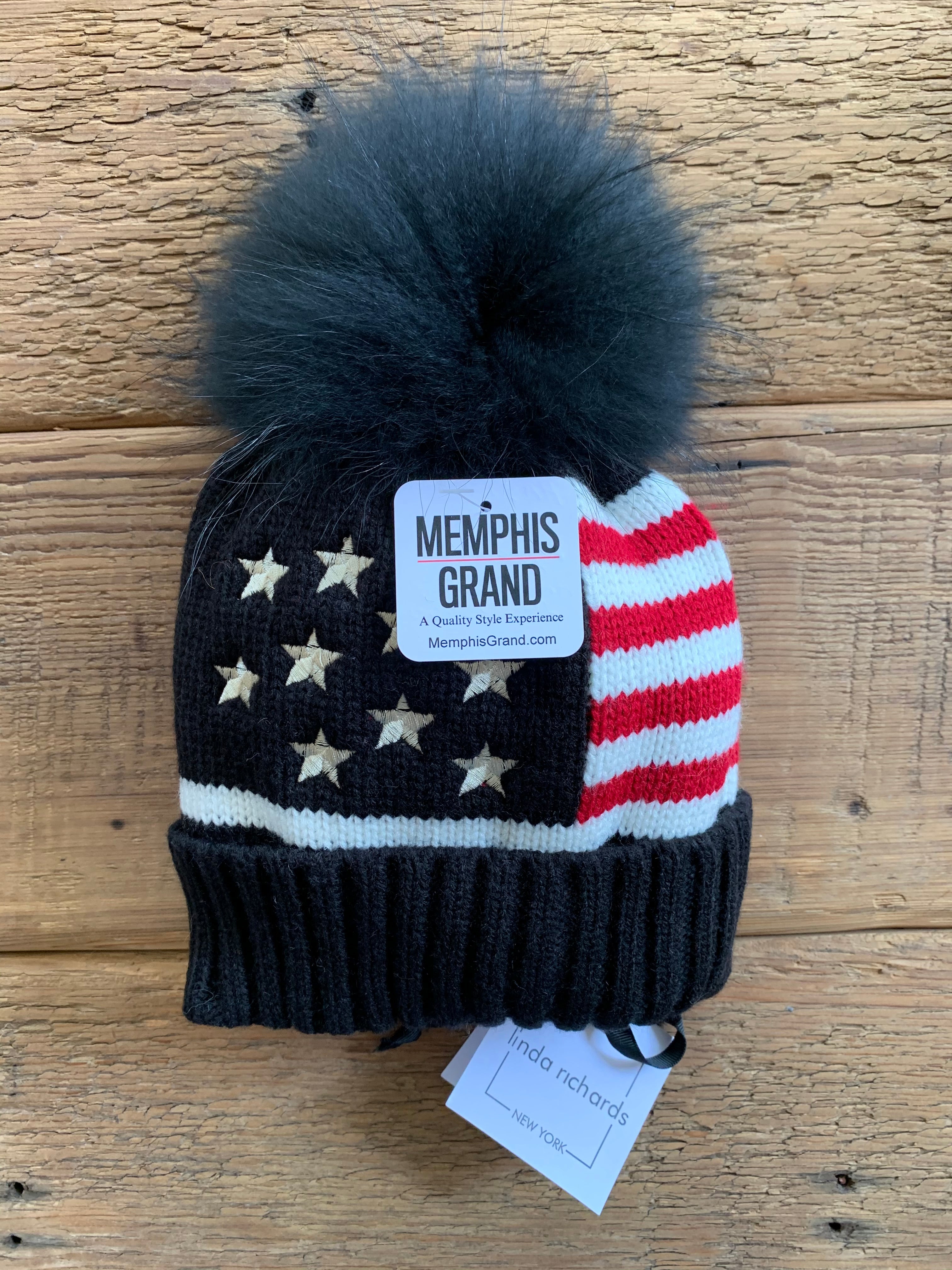 Linda Richards American Flag Knit Hat with Fox Fur Pom