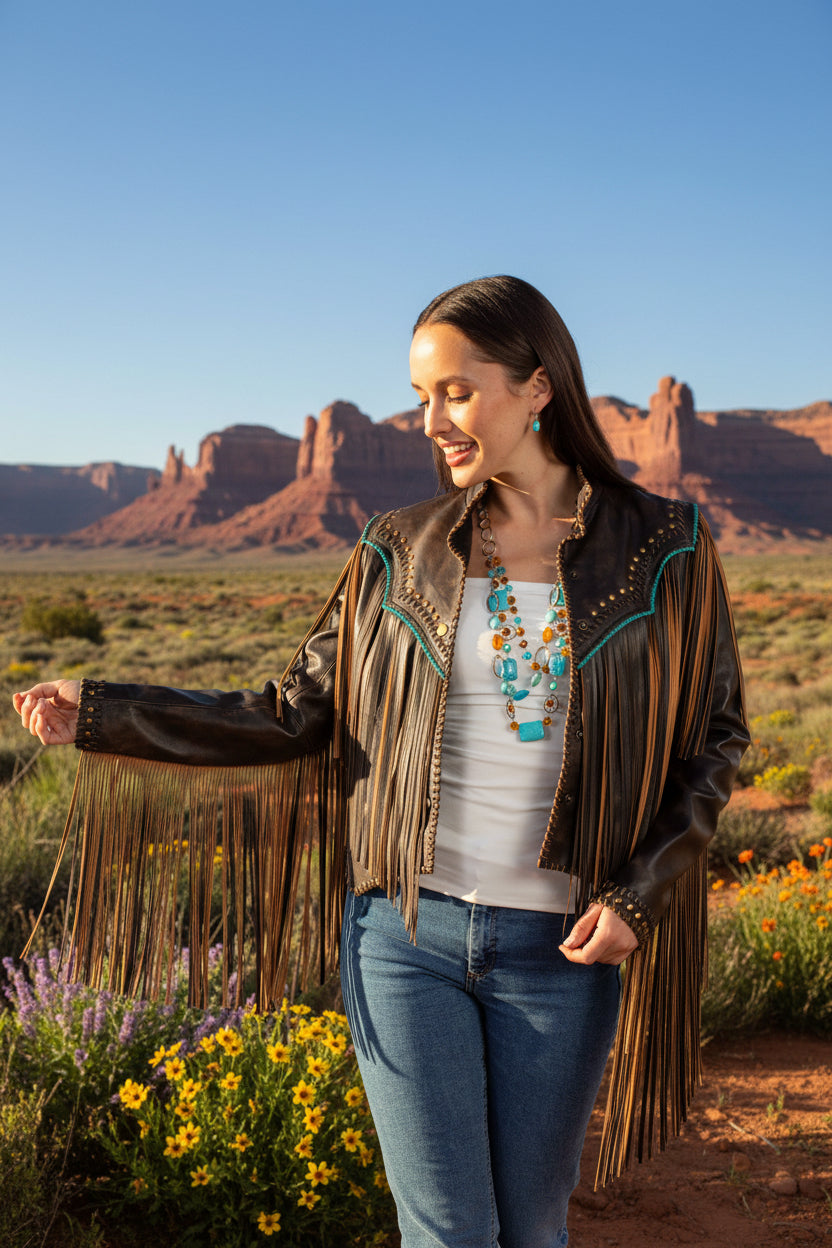 Jacket, Vintage Leather with Fringe in Western Cut - L1144