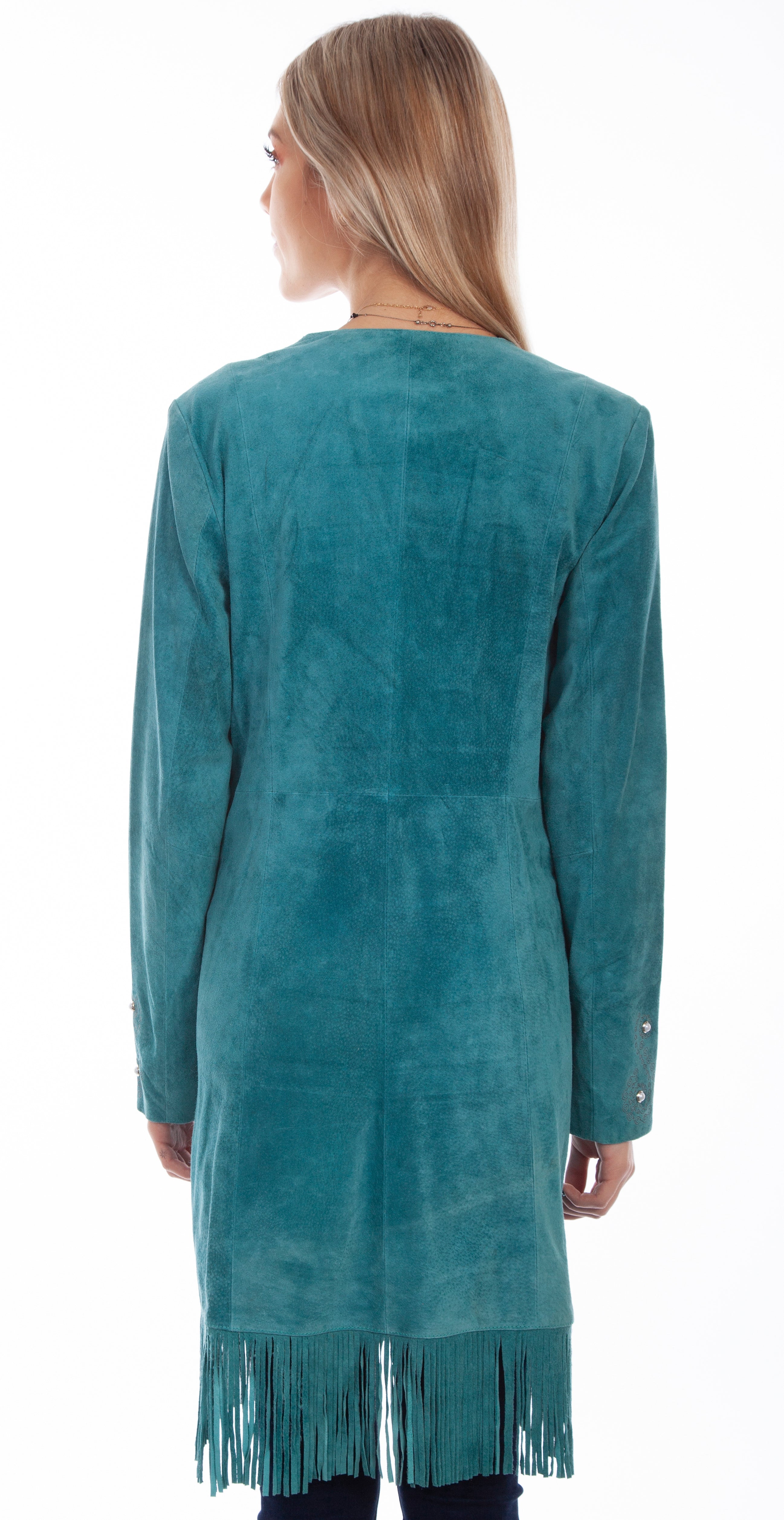 Long Embroidered Suede Leather Jacket with Fringe & Studs