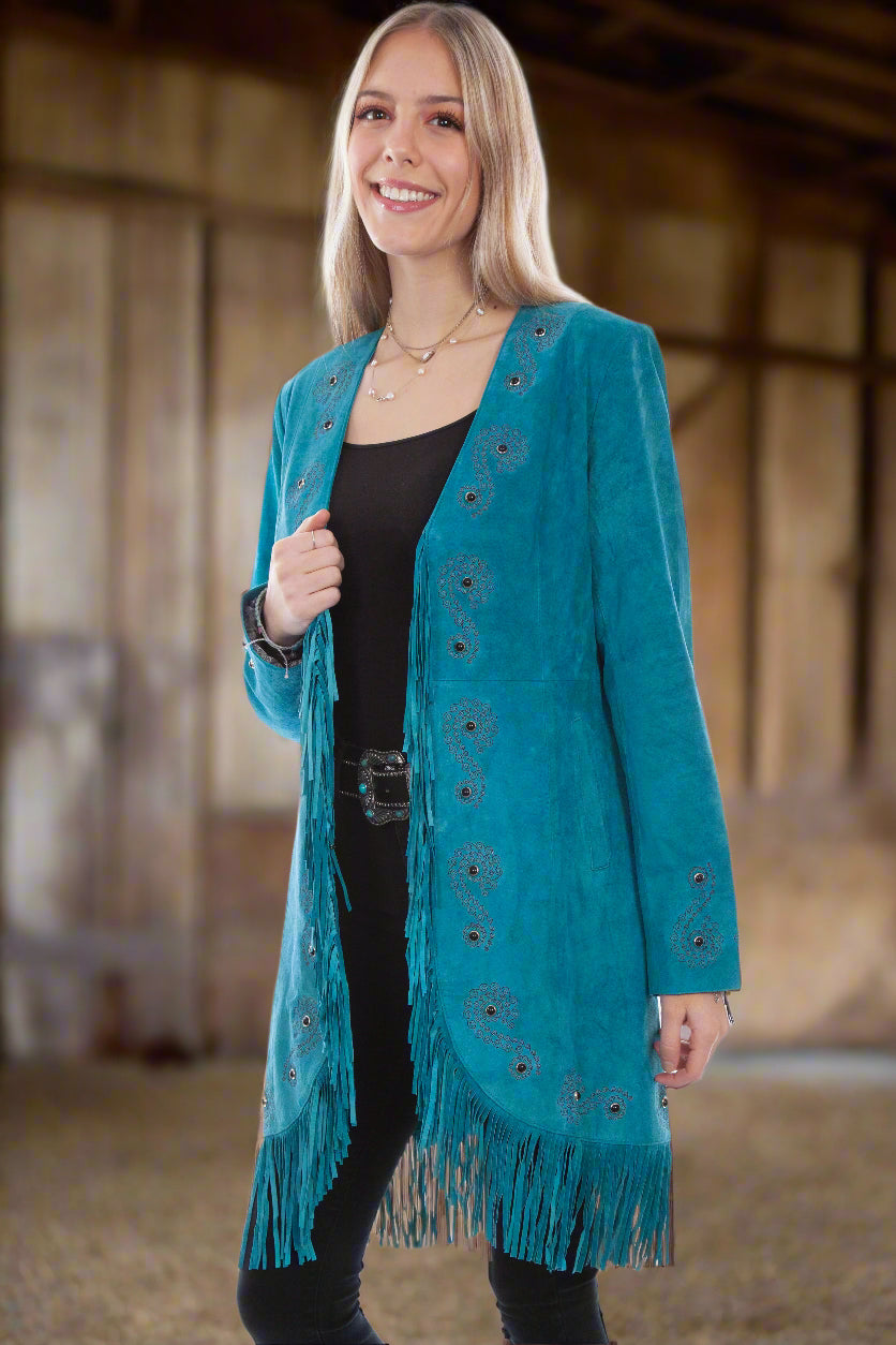 Long Embroidered Suede Leather Jacket with Fringe & Studs