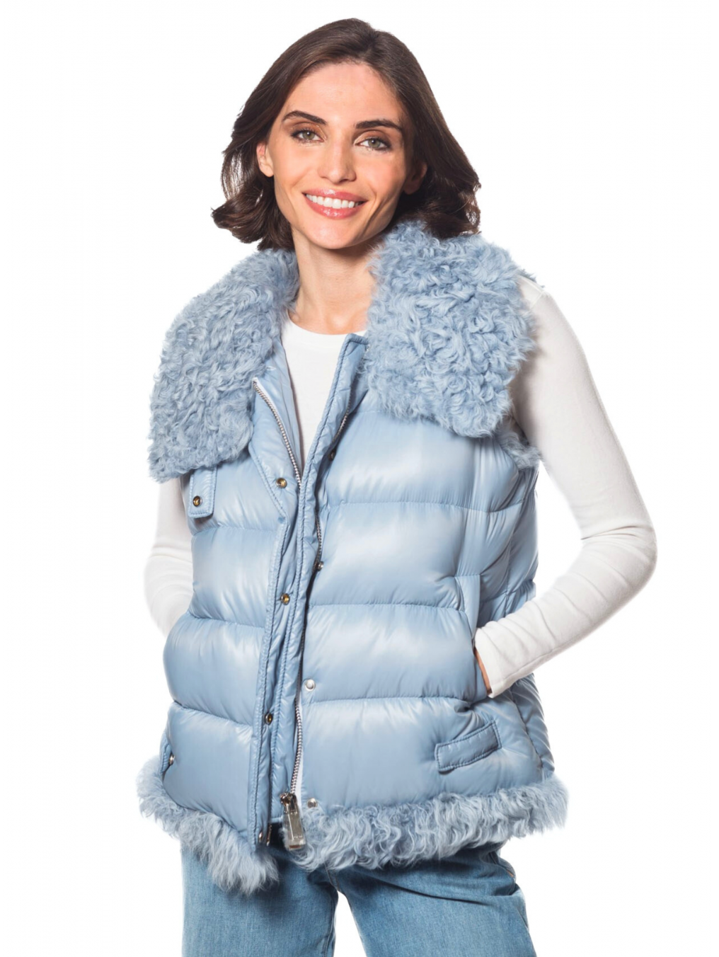 Linda Richards Puffer Vest with Tibetan Lamb Trim