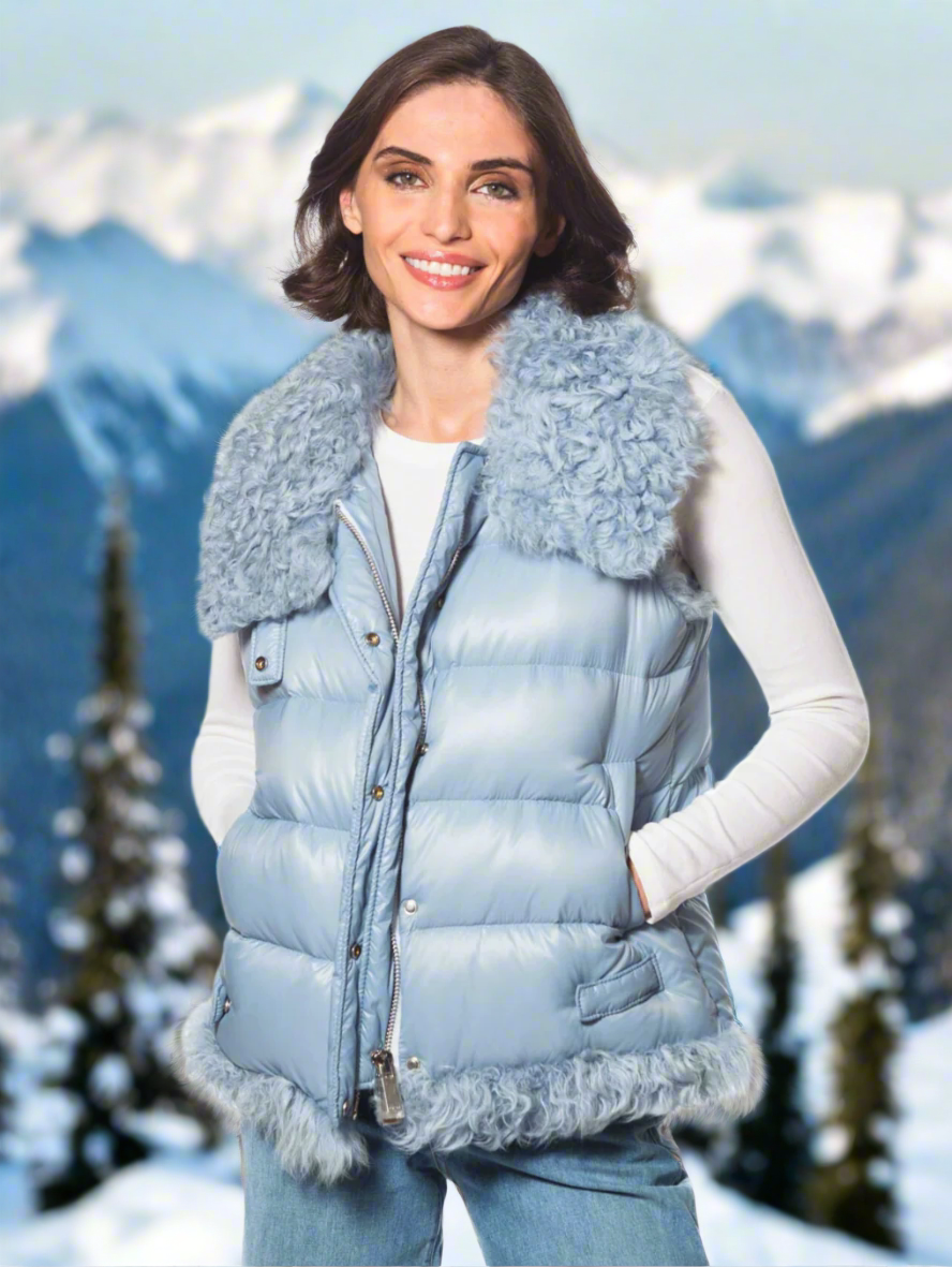 Linda Richards Puffer Vest with Tibetan Lamb Trim