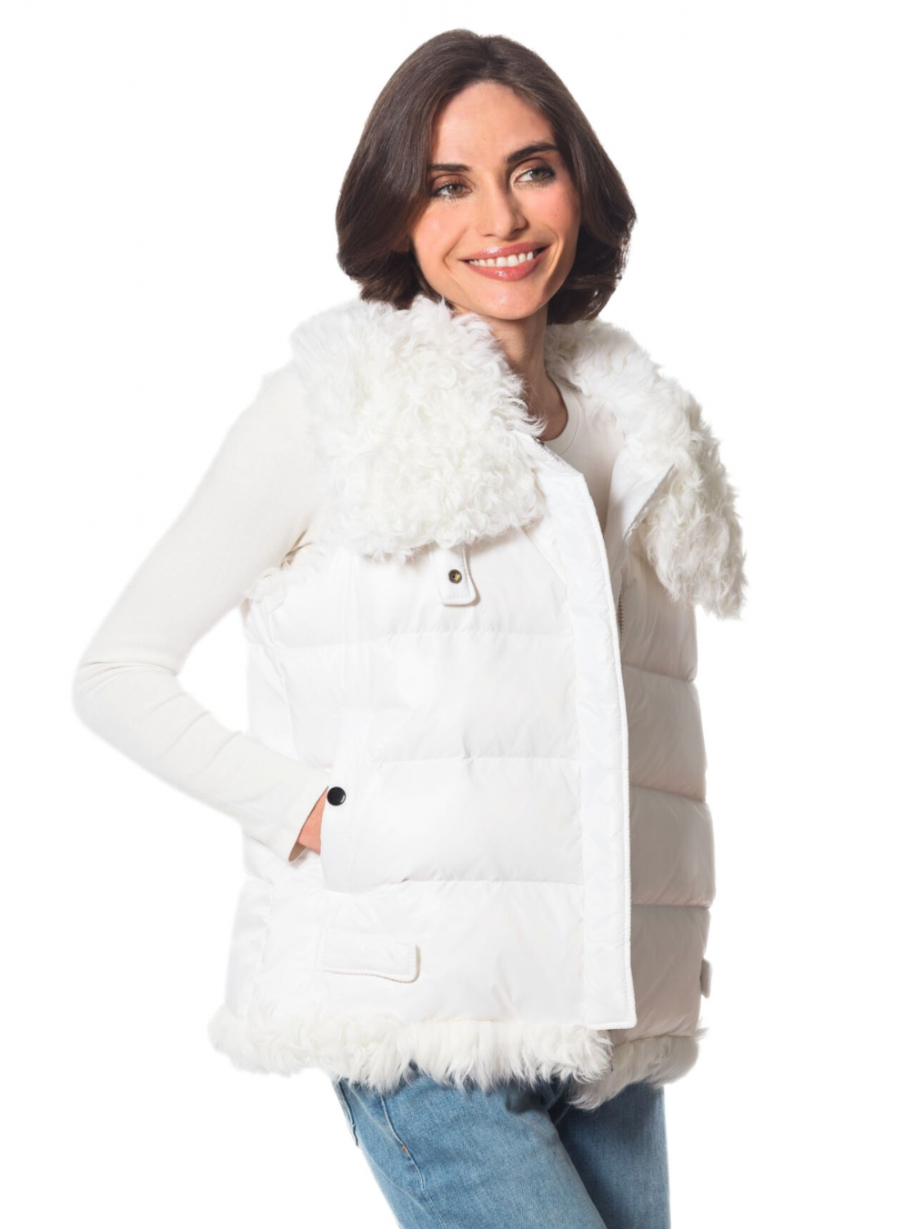 Linda Richards Puffer Vest with Tibetan Lamb Trim
