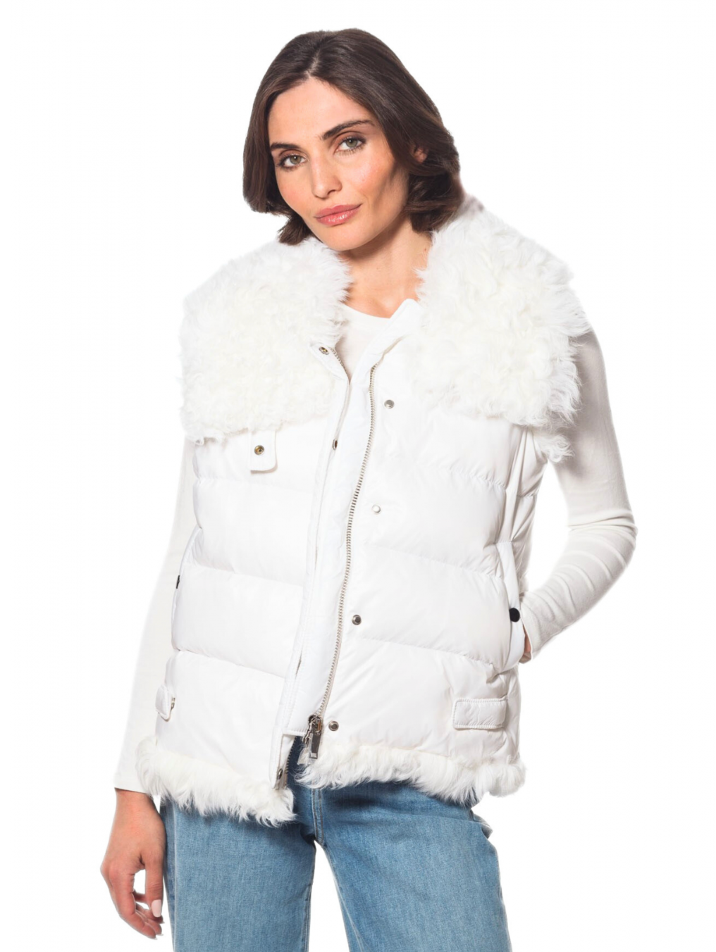 Linda Richards Puffer Vest with Tibetan Lamb Trim