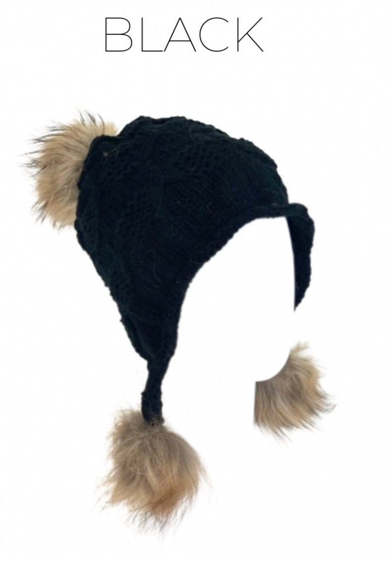 Linda Richards Wool Heidi Hat with Fur Poms
