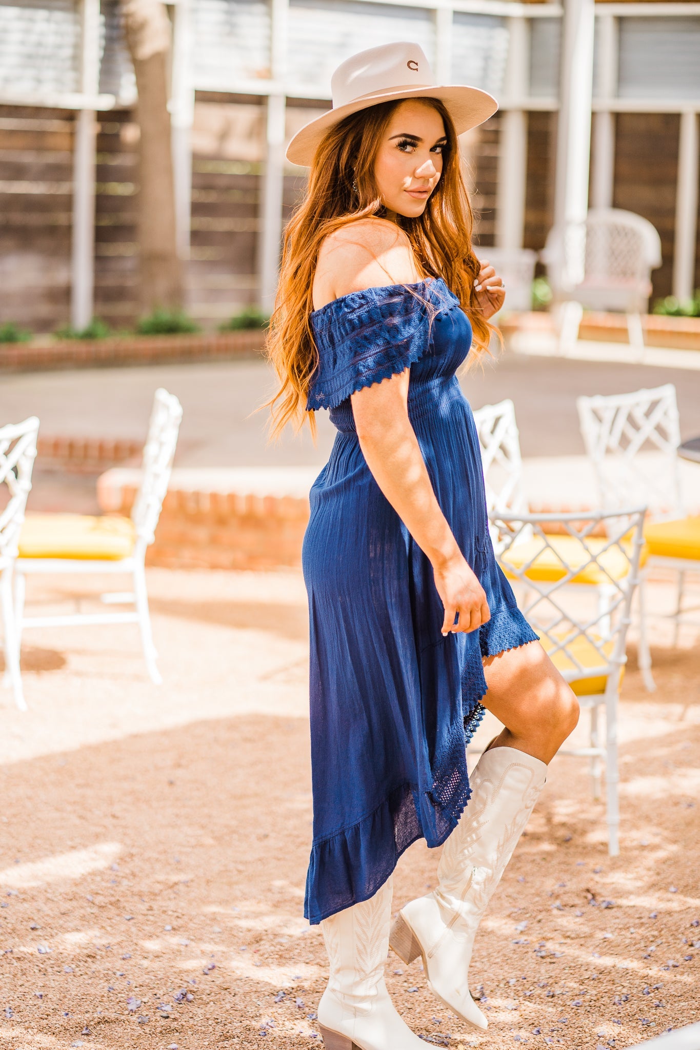 Hi-Lo Off-Shoulder Lace Dress