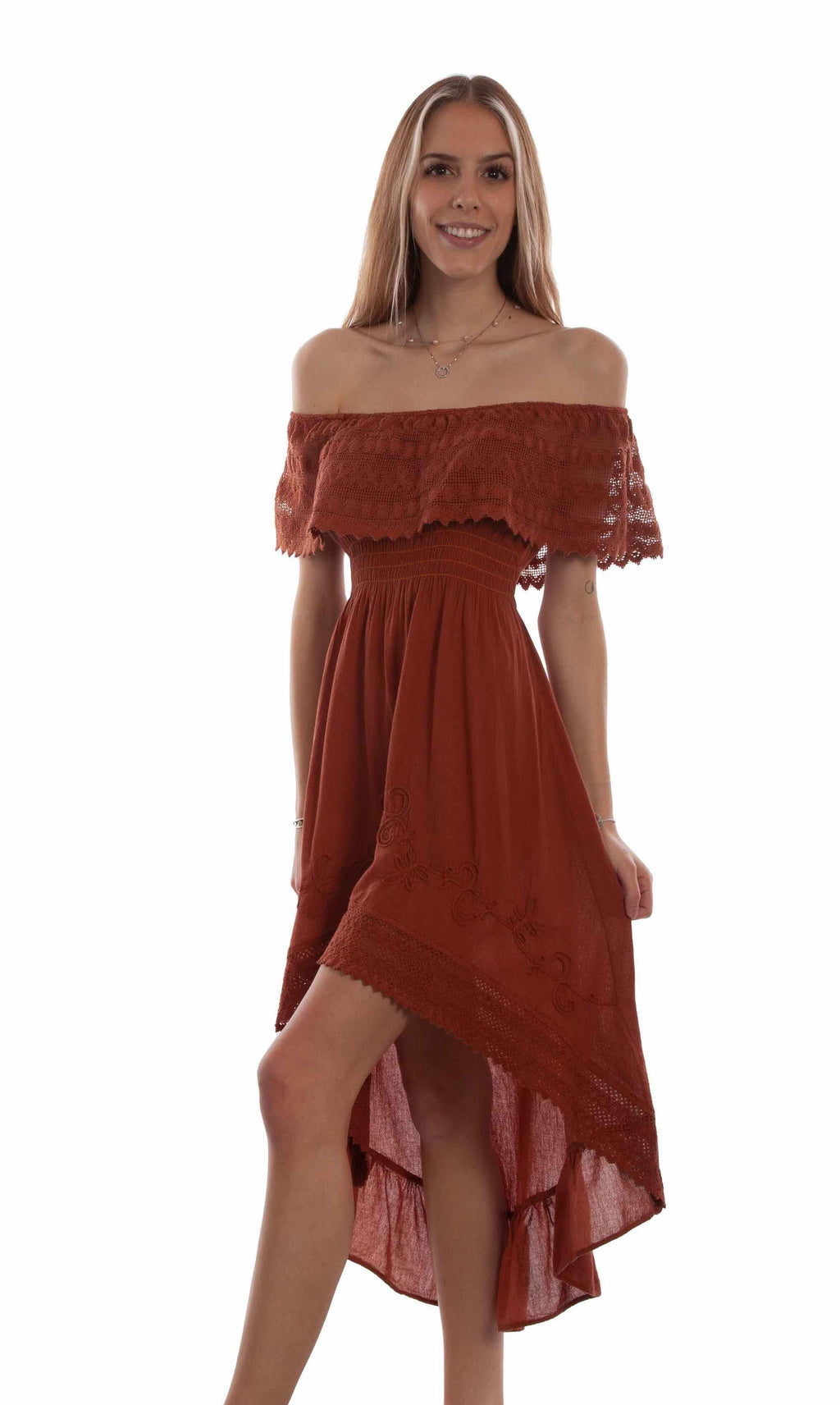 Hi-Lo Off-Shoulder Lace Dress
