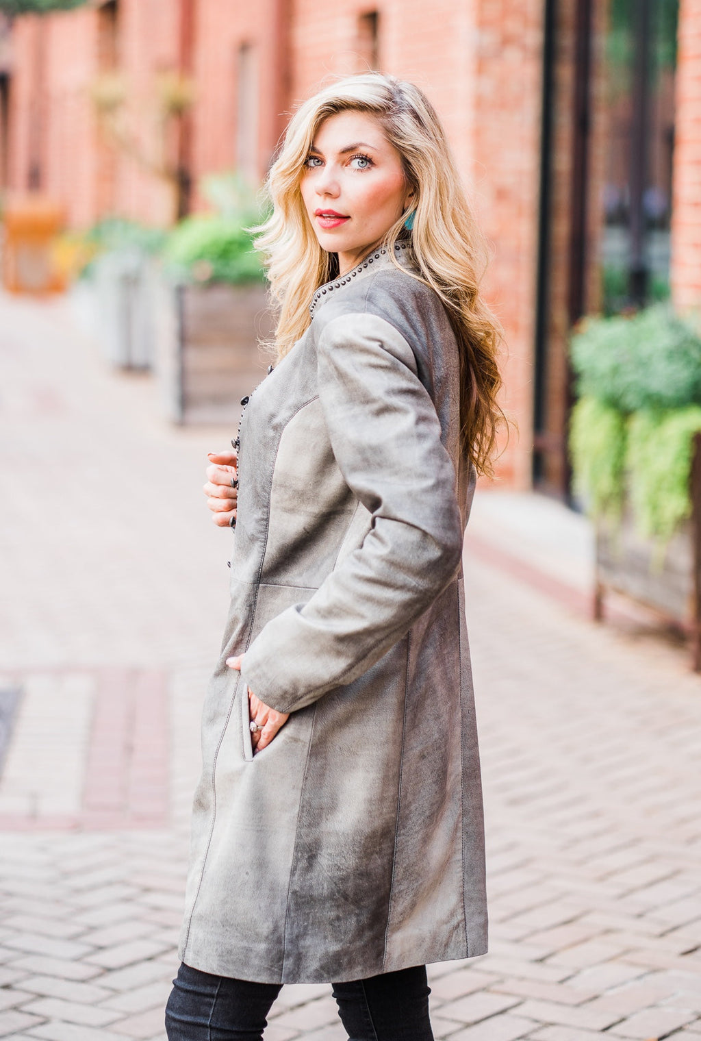 Grey Leather 3/4 Length Jacket with Studs