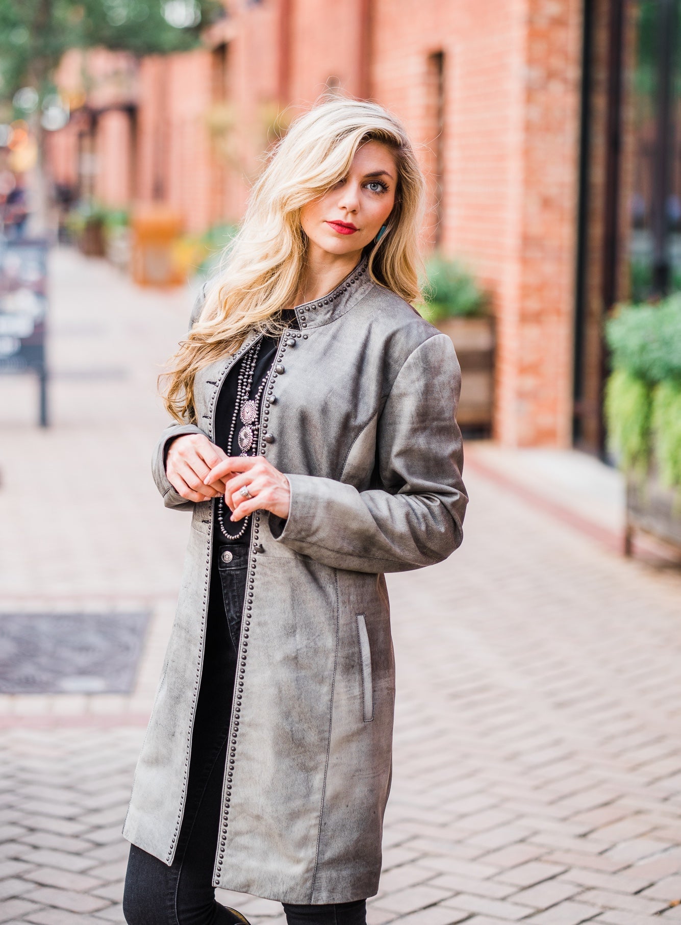Grey Leather 3/4 Length Jacket with Studs