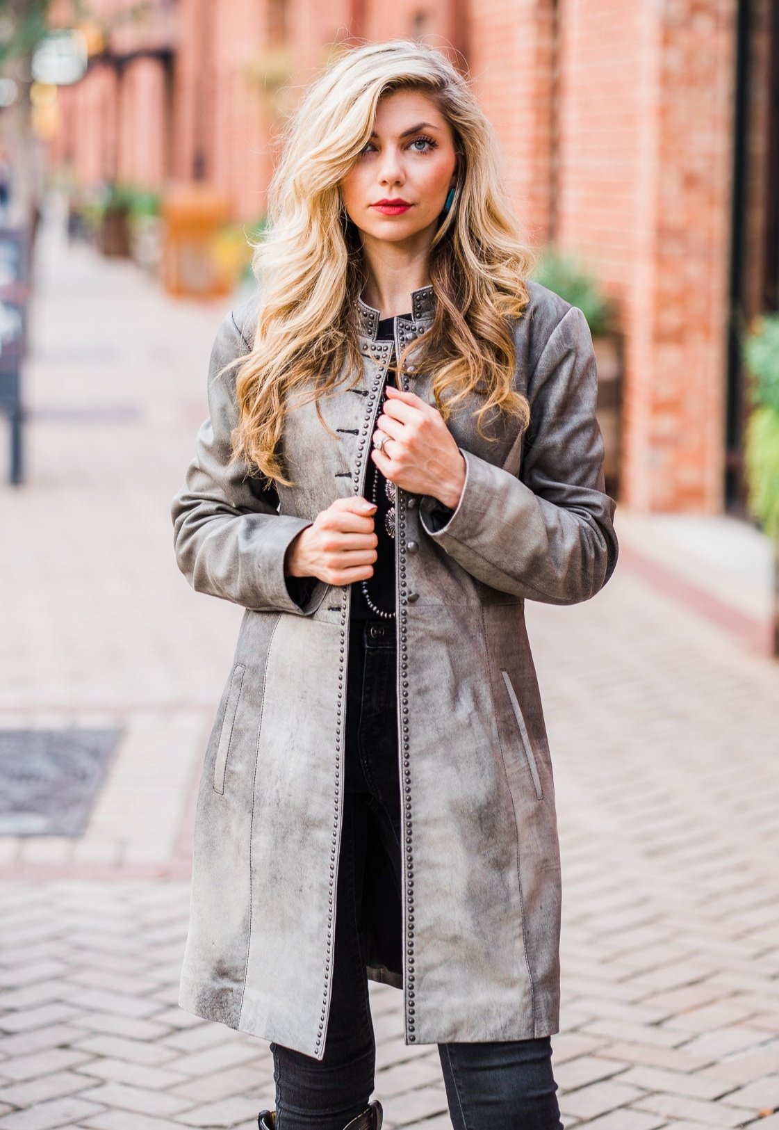 Grey Leather 3/4 Length Jacket with Studs