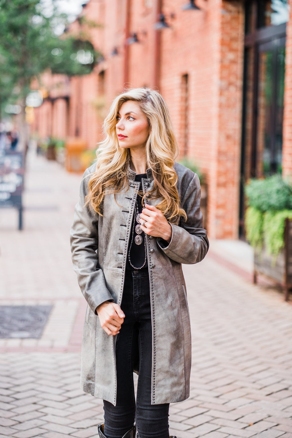 Grey Leather 3/4 Length Jacket with Studs