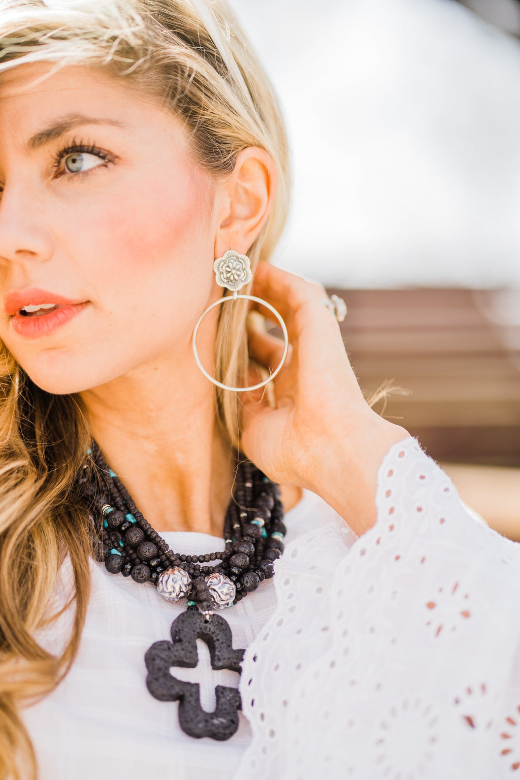 Large Sterling Silver Hoop Earrings with Floral Post – SALE!