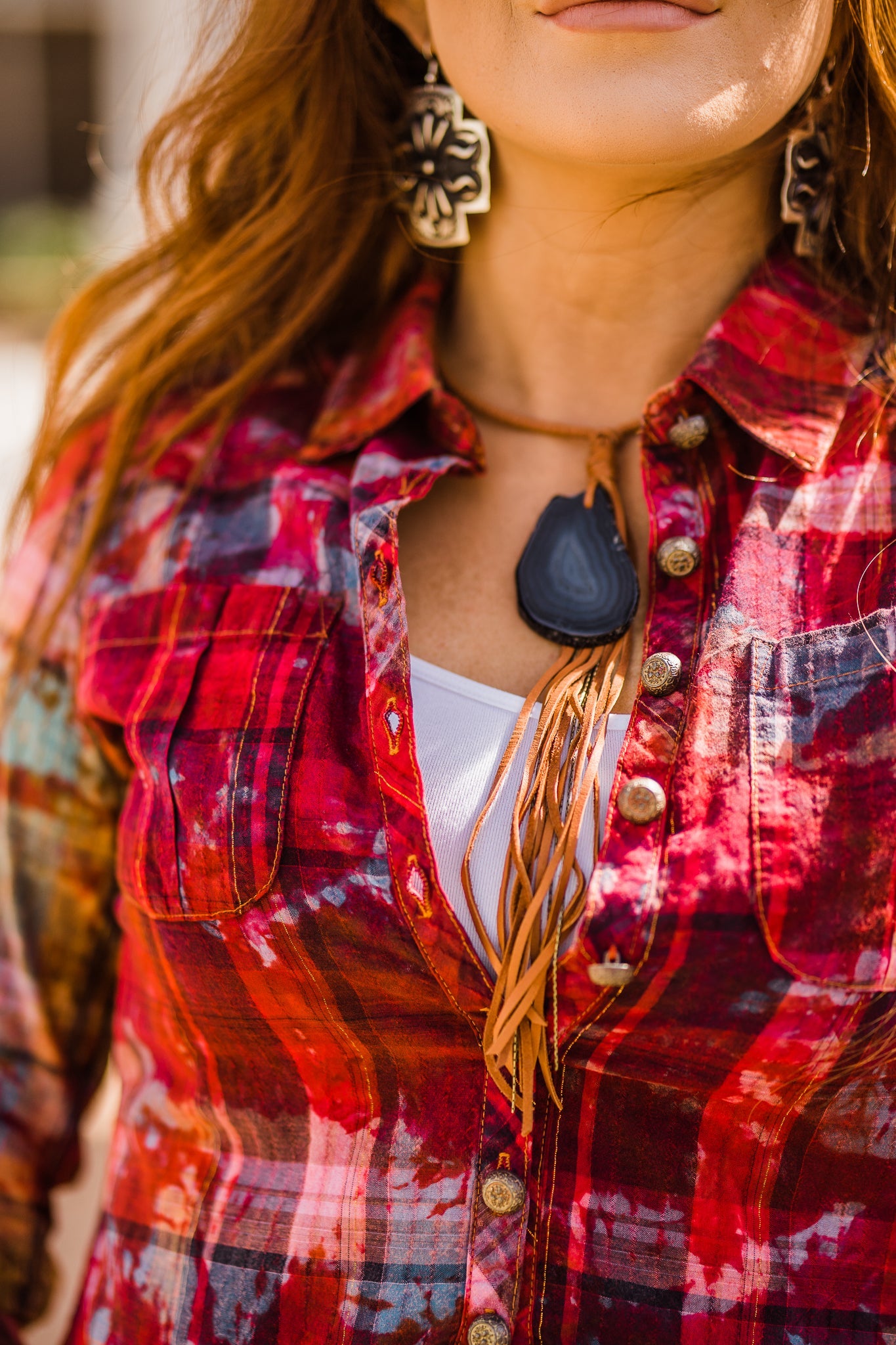 Collar Necklace with Rust Deerskin Tassel & Black Agate Stone - SALE!