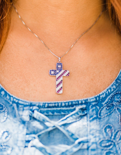 American Flag Cross Pendant Necklace in Sterling Silver & CZ Stones