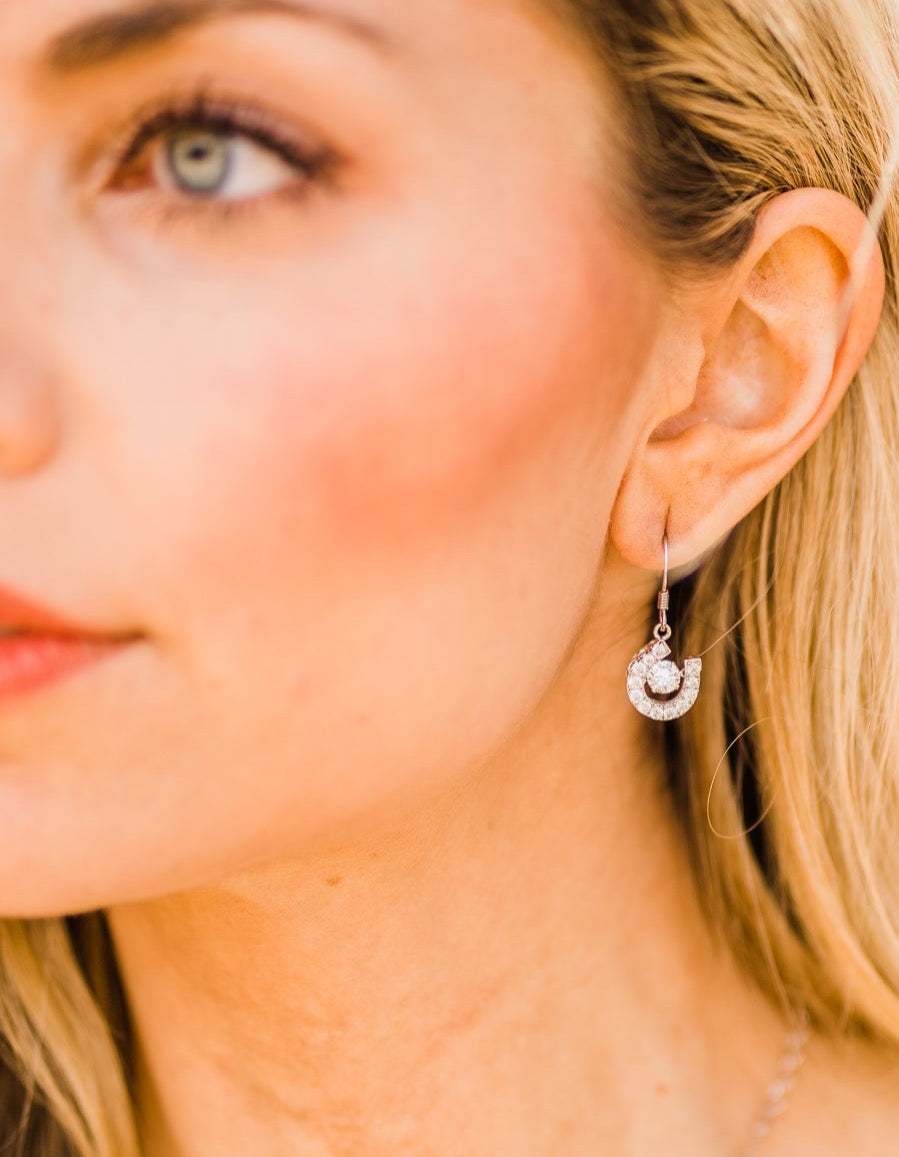 Horseshoe Dancing Stone Dangle Earrings in Sterling Silver