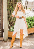 Hi-Lo Off-Shoulder Lace Dress