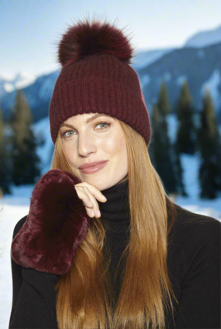 Linda Richards Angora Wool Blend Knit Hat with Fur Pom