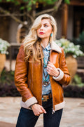 Cognac Leather Jacket with Faux Shearling