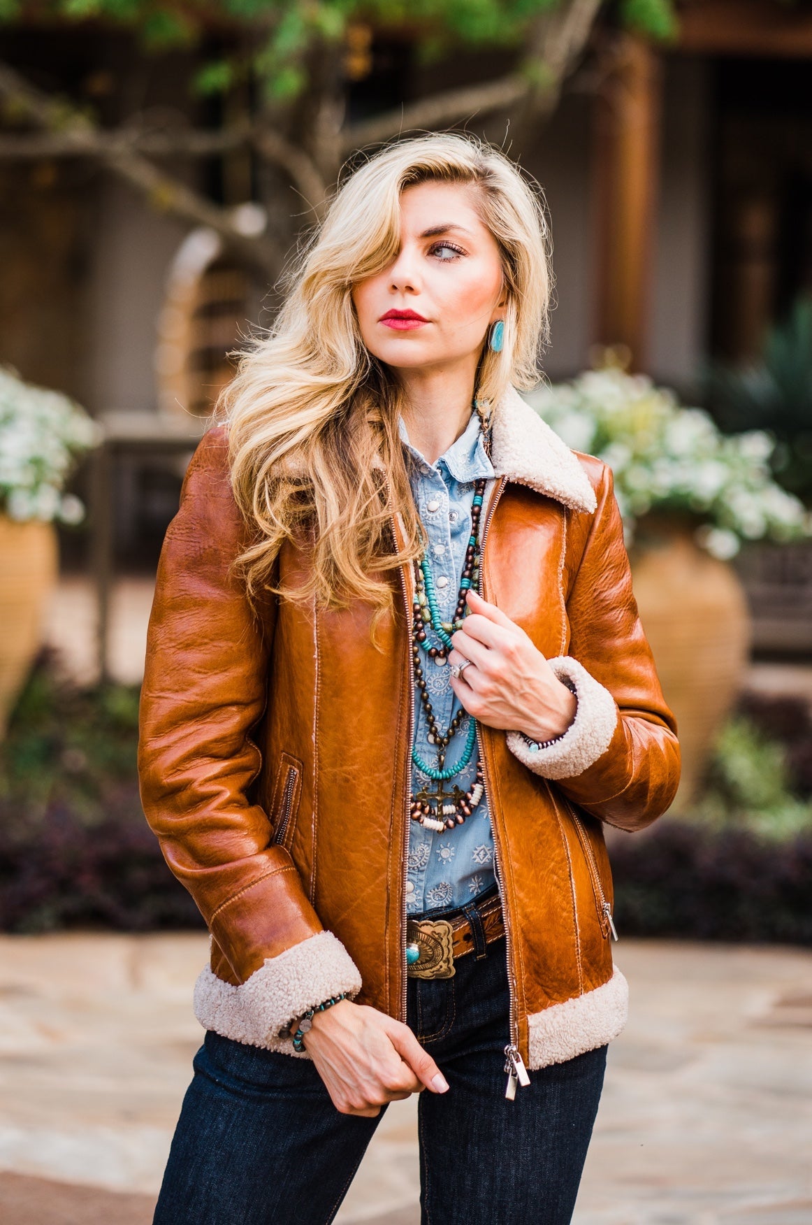 Cognac Leather Jacket with Faux Shearling