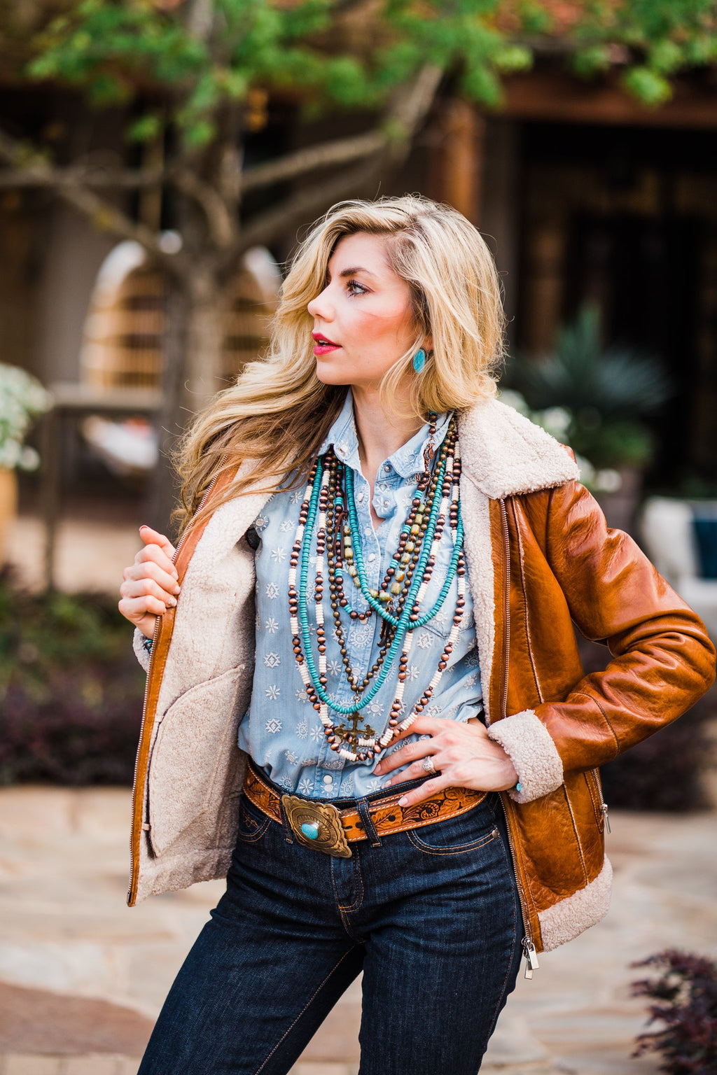 Cognac Leather Jacket with Faux Shearling