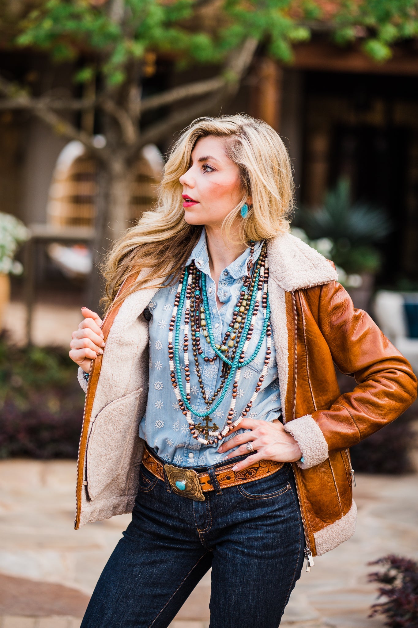 Cognac Leather Jacket with Faux Shearling