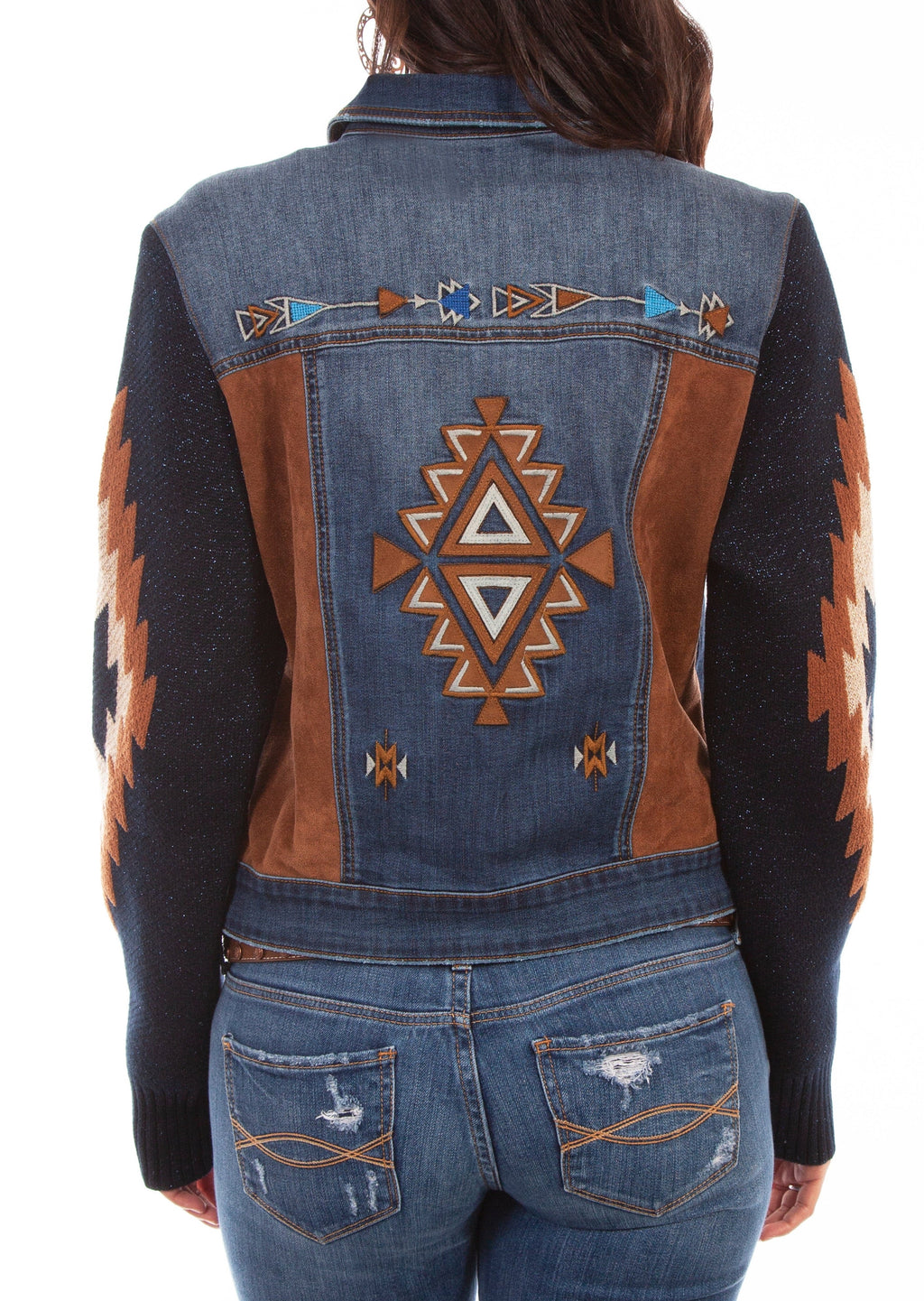 Denim Jacket with Woven Sleeves & Aztec Embroidery