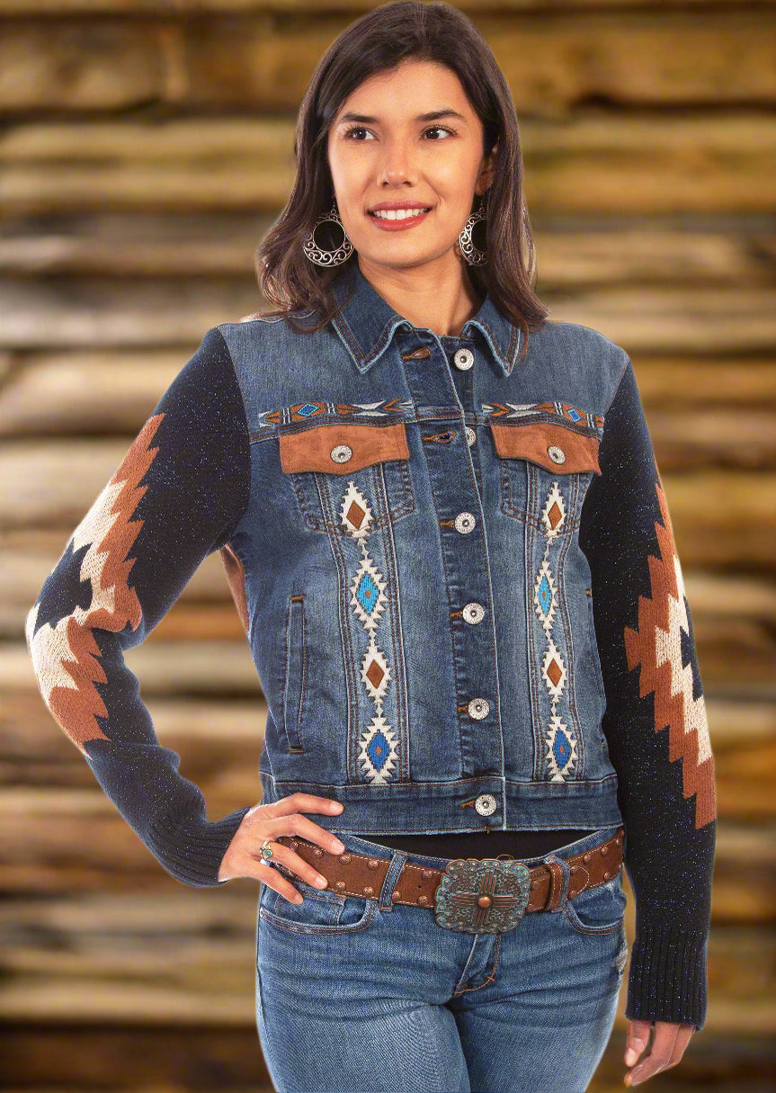 Denim Jacket with Woven Sleeves & Aztec Embroidery