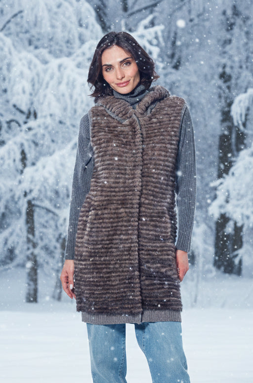 Linda Richards 36" Long, Banded Mink Vest with Hood