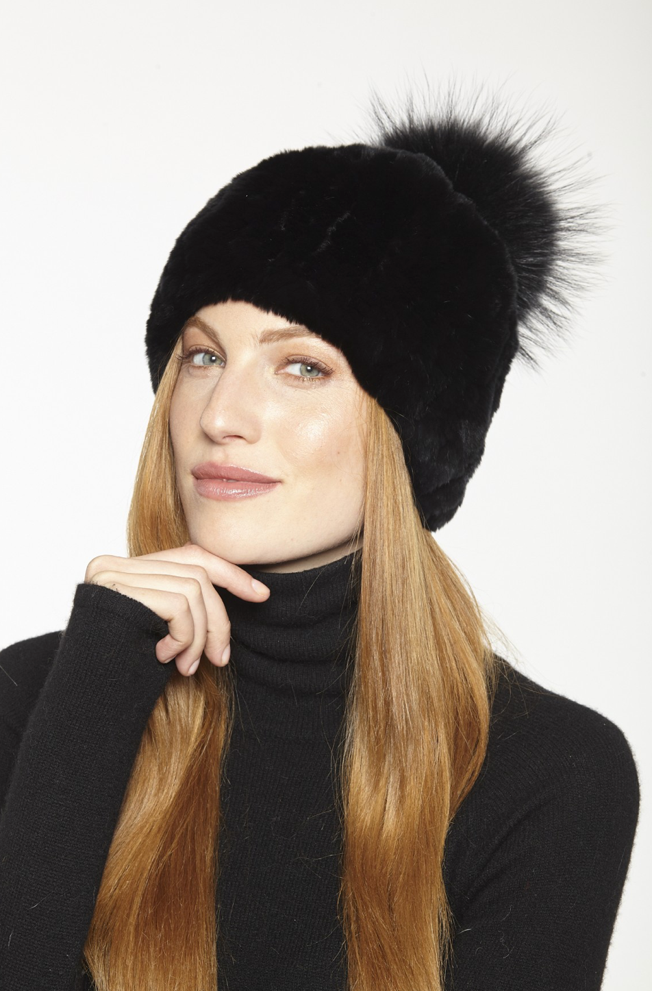 Linda Richards Rex Rabbit Fur Hat with Fox Pom